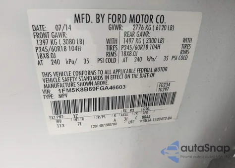 2015 Ford Explorer z USA, uszkodzony, nr VIN 1FM5K8B89FGA46603